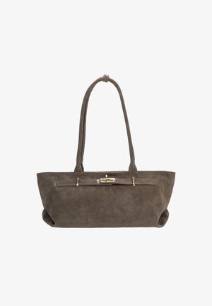 Szara skórzana torba typu tote z płaskim dnem, krótkimi uchwytami i złotą metalową klamrą przy zapięciu. Gładka faktura i minimalistyczny design.