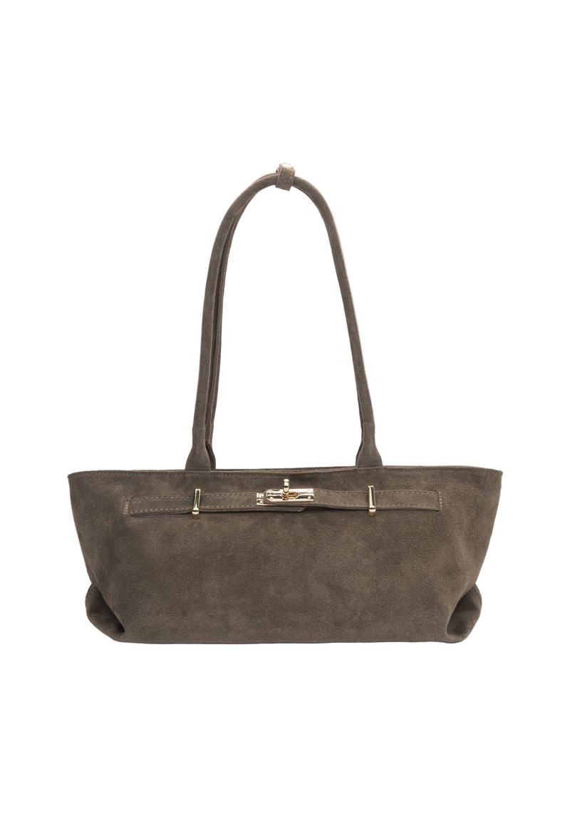 Szara skórzana torba typu tote z płaskim dnem, krótkimi uchwytami i złotą metalową klamrą przy zapięciu. Gładka faktura i minimalistyczny design.