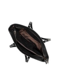 Czarna skórzana torebka o teksturowanej powierzchni, z brązowym wnętrzem i zamykanym na zamek kompartem. Zaprojektowana z dwoma ramiączkami.