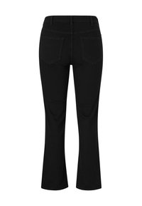Schwarze Schlagjeans mit einer glatten Textur. Verfügt über zwei Gesäßtaschen und ein klassisches Design des Taillenbundes. Einheitliche Farbe ohne sichtbare Muster.