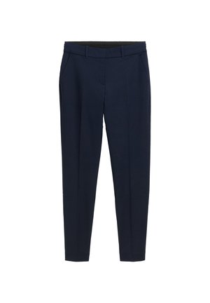 Námořnické modré kalhoty na míru s poutky na opasek, bočními kapsami a předním skladem, navržené pro slim fit.