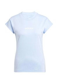 T-shirt in cotone azzurro chiaro con maniche corte, colletto a girocollo e logo "adidas" bianco centrato sul petto. Tessuto morbido e vestibilità slim.