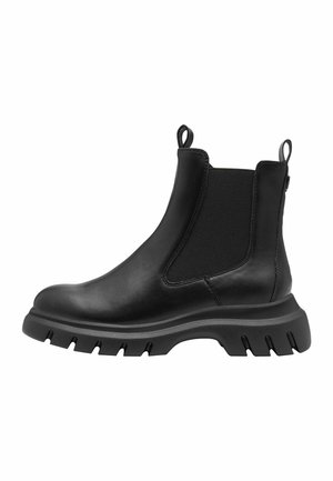 Schwarze Leder-Stiefeletten verfügen über ein glattes Obermaterial, elastische seitliche Einsätze und eine robuste Profilsohle für zusätzlichen Halt und Strapazierfähigkeit.