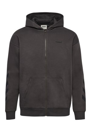 Sweat à capuche zippé gris foncé avec poche kangourou devant, capuche attachée, poignets côtelés et fines rayures en chevrons sur les deux manches.