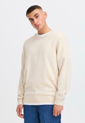 Young man with short hair wearing a beige crewneck sweater over a white shirt and blue jeans, standing against a plain white background.