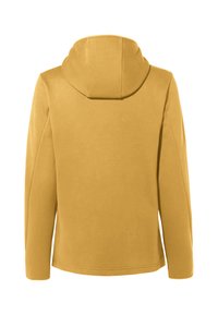 Geel hoodie met een gladde textuur, voorzien van een ronde capuchon en lange mouwen. Eenvoudig ontwerp, zonder zichtbare patronen of hardware accenten.