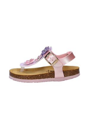 Roze kindersandaal met kurken zool, verstelbare gesp en decoratieve paarse en roze bloemen op het voorste bandje.