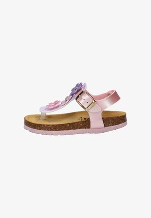 Roze kindersandaal met kurken zool, verstelbare gesp en decoratieve paarse en roze bloemen op het voorste bandje.