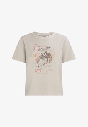 Lichtgrijs katoenen T-shirt met korte mouwen. Voorzien van een vintage afbeelding van een cowboy te paard met tekstelementen in verschillende kleuren.