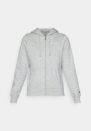 Gray zip-up hoodie made of soft fabric, featuring a logo on the left chest, drawstring hood, and front pockets. Classic fit with ribbed cuffs.