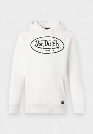 Felpa bianca con cappuccio, tasche frontali e logo nero "Von Dutch California" al centro del petto.