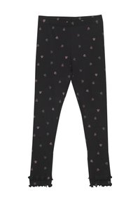 Leggings negros con pequeños patrones de corazones multicolores. Presentan dobladillos con volantes y cinturilla elástica. Fabricados con material suave y elástico.