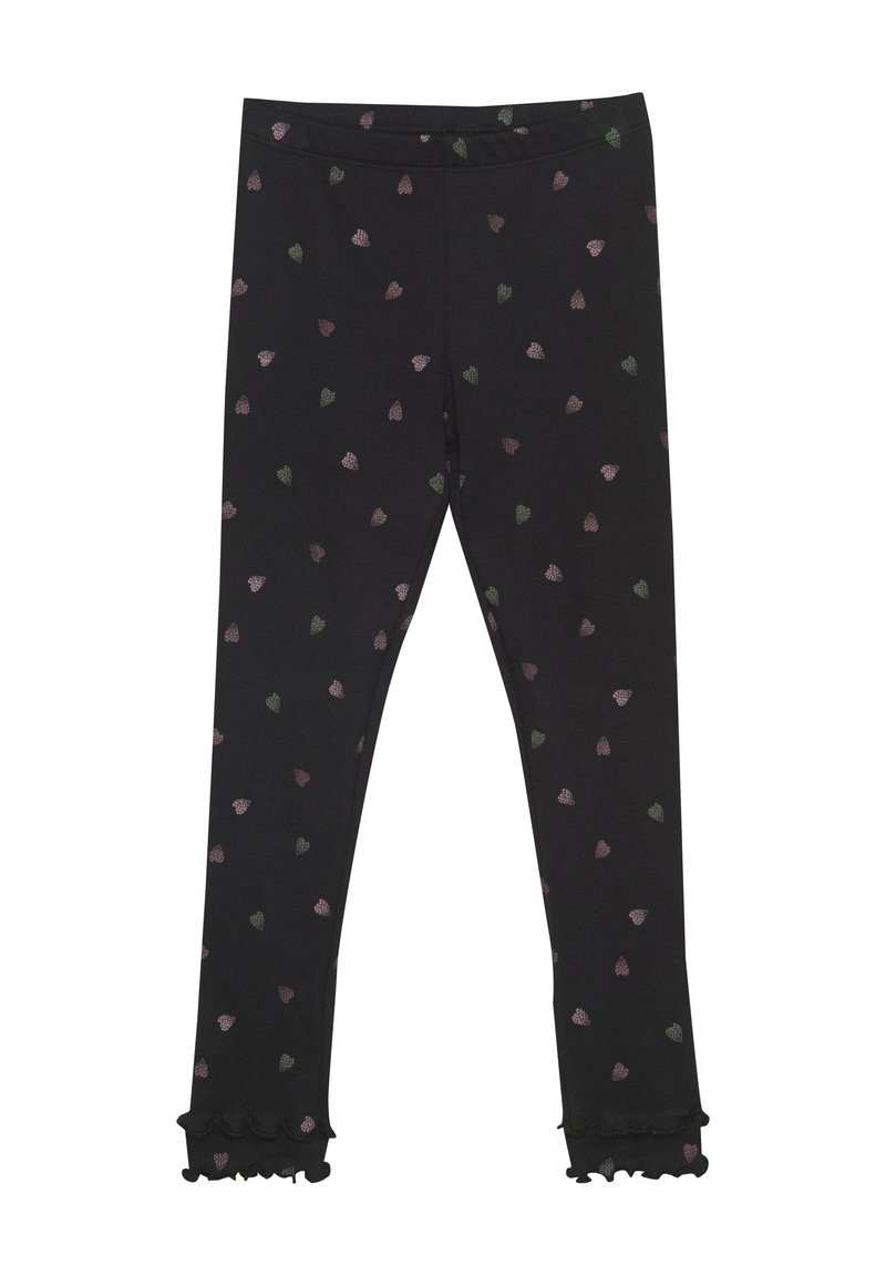Leggings negros con pequeños patrones de corazones multicolores. Presentan dobladillos con volantes y cinturilla elástica. Fabricados con material suave y elástico.