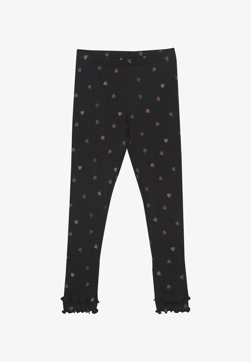 Zwarte leggings met kleine, multikleurige hartpatronen. Kenmerken zijn gerimpelde zoom en elastische tailleband. Gemaakt van zachte, rekbare stof.