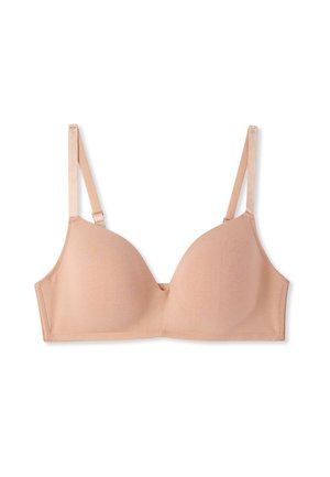 Reggiseno beige chiaro in tessuto morbido, con coppe preformate, spalline in satin regolabili e senza accessori visibili. Design semplice con bordi senza cuciture.
