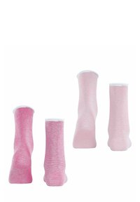 Gestreepte sokken in verschillende tinten roze en wit, met een ribbelmanchet en een gladde textuur, gepresenteerd in vier oriëntaties.