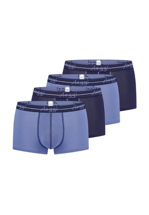 Vier Paar Herrenboxershorts in abwechselnd hellblauer und dunkelblauer Farbe, jeweils mit einem dunkelblauen elastischen Bund, der mit "sloggi" gebrandet ist.