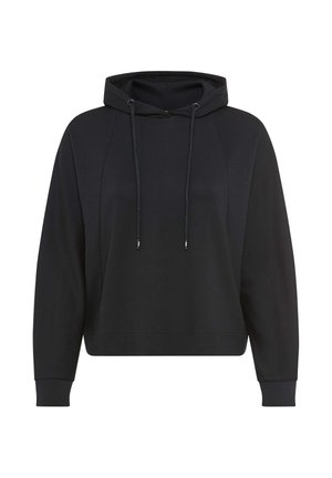Zwarte cropped hoodie met lange mouwen, capuchon met trekkoord en geribbelde boorden, getoond op een witte achtergrond.