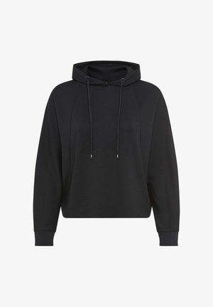 Schwarzer cropped Hoodie mit langen Ärmeln, Kordelzugkapuze und gerippten Bündchen, dargestellt auf weißem Hintergrund.