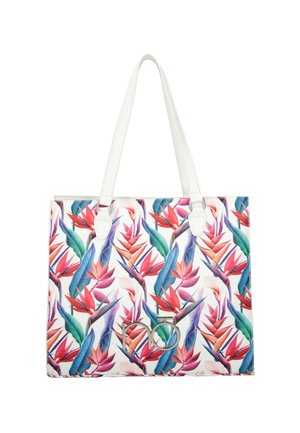 Sac cabas blanc avec de longues anses présentant un motif floral coloré d'oiseau de paradis tropical et un logo décoratif argenté sur le devant.