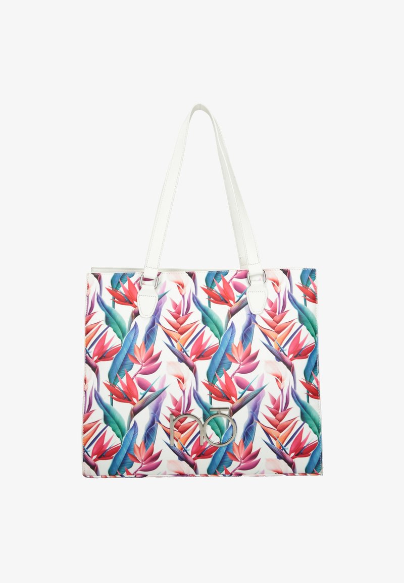 Sac cabas blanc avec de longues anses présentant un motif floral coloré d'oiseau de paradis tropical et un logo décoratif argenté sur le devant.
