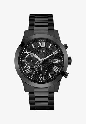 Orologio in acciaio inossidabile nero con quadrante nero texturizzato, numeri romani argentati, sottodial e display della data. Presenta un design con bracciale a maglie.