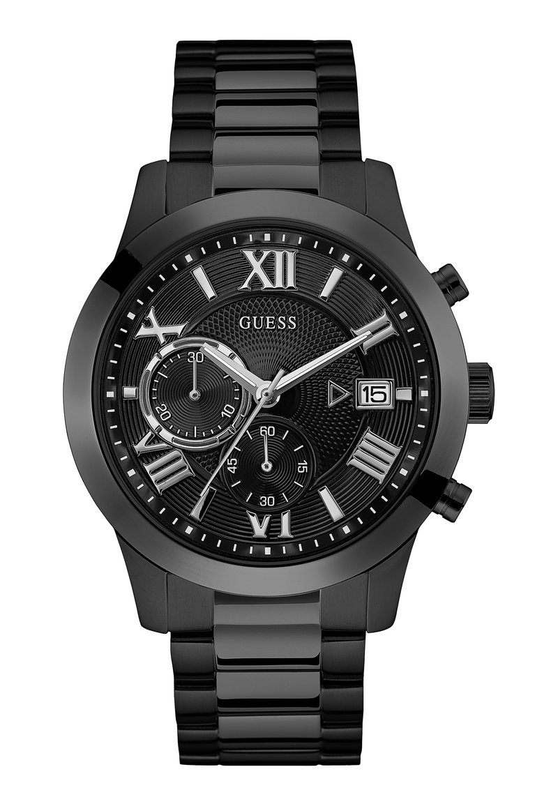Montre en acier inoxydable noir avec un cadran noir texturé, des chiffres romains argentés, des sous-cadrans et un affichage de la date. Présente un design de bracelet à maillons.