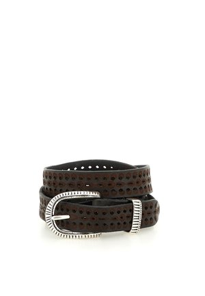 Cintura in pelle marrone scuro con motivo floreale stampato e fibbia decorativa argento, mostrata arrotolata su sfondo bianco.