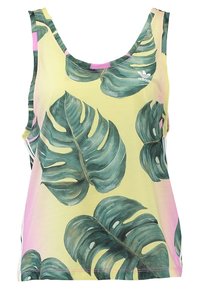 Ärmlös Adidas sporttop med stora gröna tropiska blad på en gul och rosa gradientbakgrund, logotyp på övre bröstet.