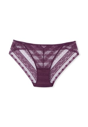 Koronkowe majtki hipster w głębokim odcieniu fioletu, z geometrycznym wzorem, przezroczystymi siateczkowymi bokami oraz wygodnym pasem gwarantującym dopasowanie.
