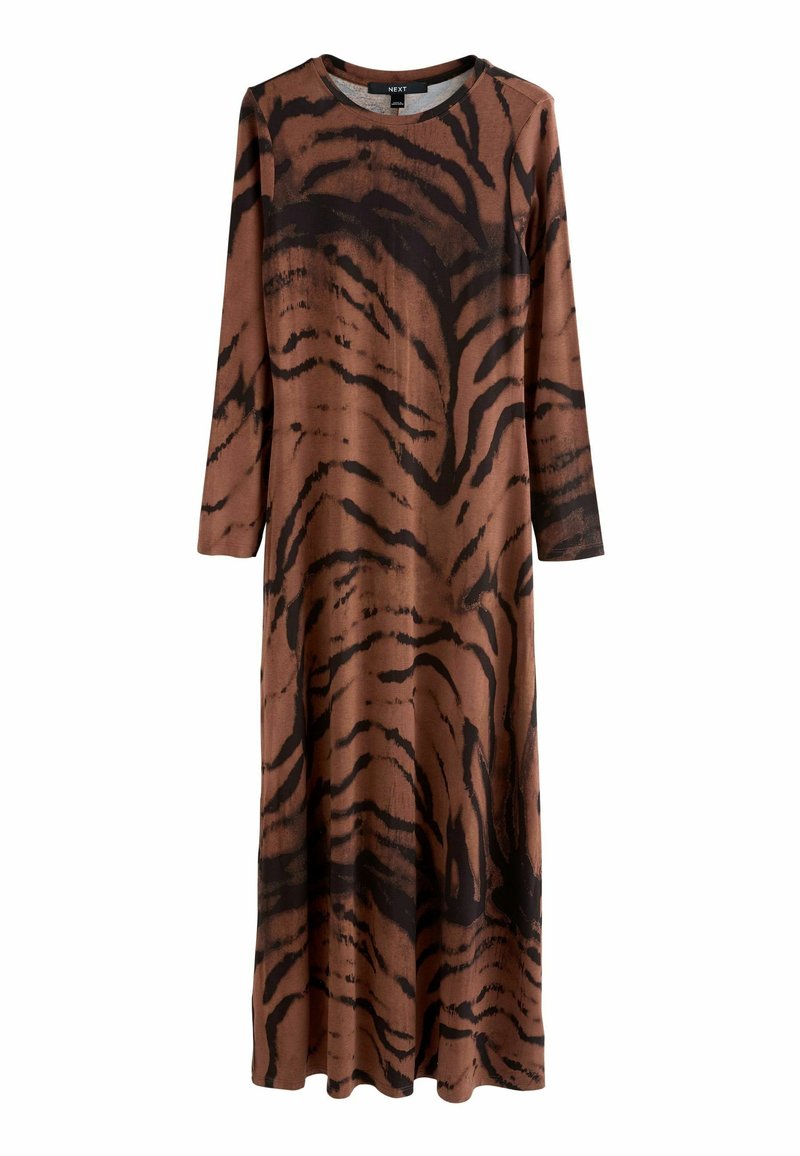 Robe maxi marron à manches longues avec un motif rayé noir de tigre et un col rond, confectionnée dans un tissu doux et léger.