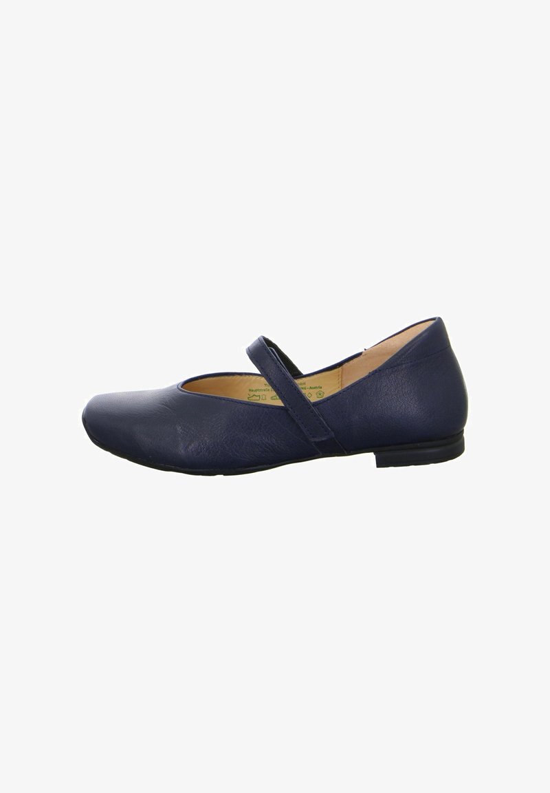 Chaussure Mary Jane en cuir bleu marine avec une bride unique et un talon plat bas, présentée de profil sur fond blanc.