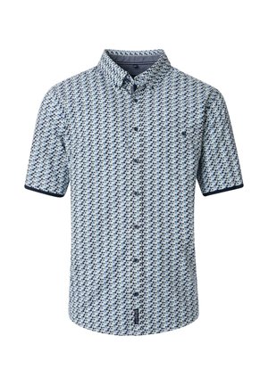 Kurzärmliges Hemd mit Kragen in hellblau mit einem geometrischen Muster in Marineblau und Dunkelblau. Verfügt über Knöpfe und eine Brusttasche.