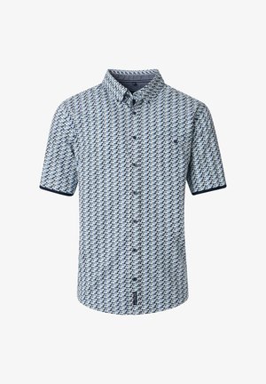 Kurzärmliges Hemd mit Kragen in hellblau mit einem geometrischen Muster in Marineblau und Dunkelblau. Verfügt über Knöpfe und eine Brusttasche.