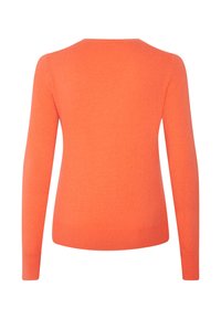 Maglione arancione, materiale in maglia, scollatura rotonda, maniche lunghe, polsini e orlo a costine, texture liscia, design minimalista.