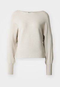 Helles beige geripptes Sweatshirt mit weitem Bootsausschnitt und langen Ärmeln. Weiche Textur, lockere Passform und subtile horizontale Streifen überall.