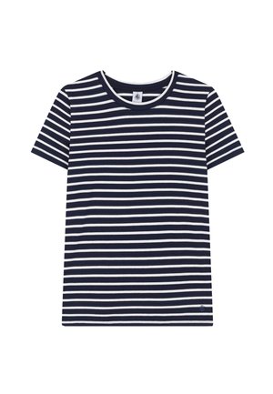T-shirt à manches courtes rayé marine et blanc, en coton, avec un col rond et un petit logo près de l'ourlet.