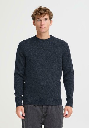 Marineblauer Strickpullover mit Rundhalsausschnitt, gerippten Bündchen und Saum, gefertigt aus strukturiertem Garn für eine lässige Passform.