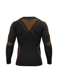 Long-sleeve compression top in black with orange accents. Features a fitted design, textured vertical stripes, and ergonomic seams for mobility.