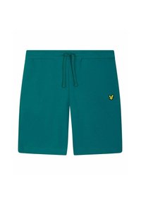 Pantaloncini di cotone turchese con elastico in vita e coulisse. Presentano un piccolo logo giallo sull'orlo sinistro e una texture liscia e leggera.