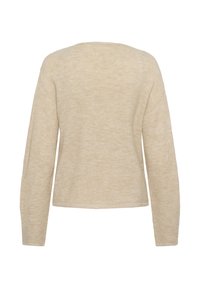 Beige neulepaita, jossa on rento leikkaus, pitkät hihat ja pyöreä pääntie. Sujuva rakenne, jossa on hienovaraisia värieroja.