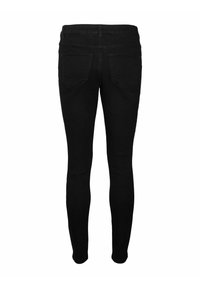 Czarne jeansy skinny z gładką teksturą, z wysokim stanem, dwoma tylnymi kieszeniami oraz dopasowanym krojem wzdłuż nóg.