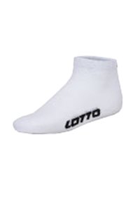 Calzino bianco alla caviglia in morbido tessuto, con punta rinforzata, bordo elastico e logo nero "LOTTO" sul lato.