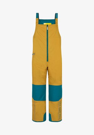 Gelbe und türkisfarbene wasserdichte Latzhosen mit verstellbaren Trägern, einem Frontreißverschluss und verstärkten Flicken in kontrastierenden Farben.