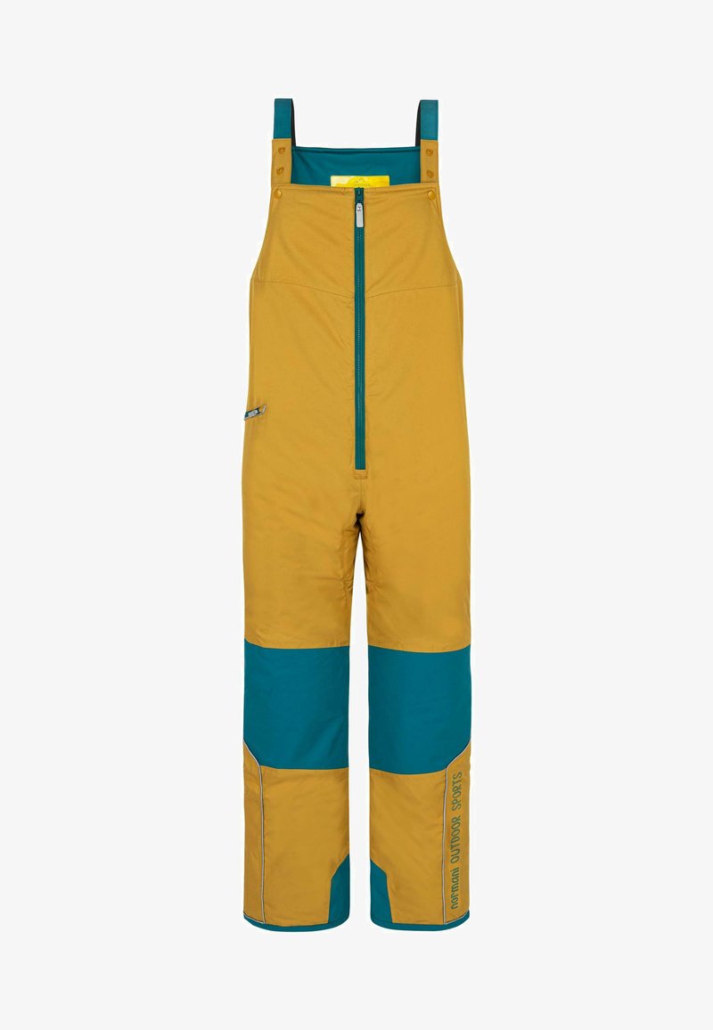 Gelbe und türkisfarbene wasserdichte Latzhosen mit verstellbaren Trägern, einem Frontreißverschluss und verstärkten Flicken in kontrastierenden Farben.