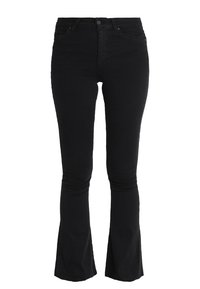 Svarta hög midja utsvängda jeans med frontknapp och dragkedja, fram- och bakfickor, smala genom låren som vidgar sig nedanför knäet.