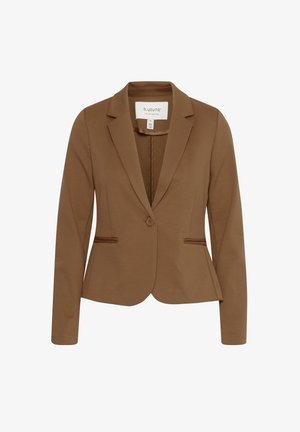 Pruun sobiv bleizer pehmest kangast, millel on soonikkrae, ühekohaline kinniti ja kaks esikotid vastandliku äärisega.