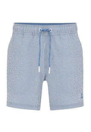 Mėlynos ir baltos vertikalios dryžuotos šortai su elastine liemene ir mėlyna raišteliu su baltais galiukais, ant kairės kojos yra mažas logotipas.