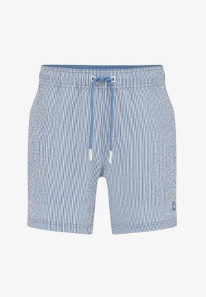 Mėlynos ir baltos vertikalios dryžuotos šortai su elastine liemene ir mėlyna raišteliu su baltais galiukais, ant kairės kojos yra mažas logotipas.