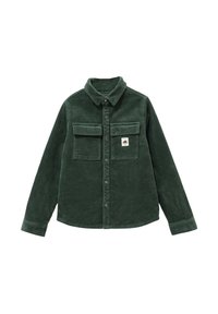 Camicia in velluto a coste verde scuro con colletto a punta, due tasche sul petto e un'etichetta sulla tasca sinistra. Presenta una chiusura frontale con bottoni.